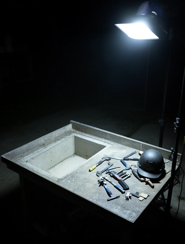 empty pit bench under floodlights, tools laid out