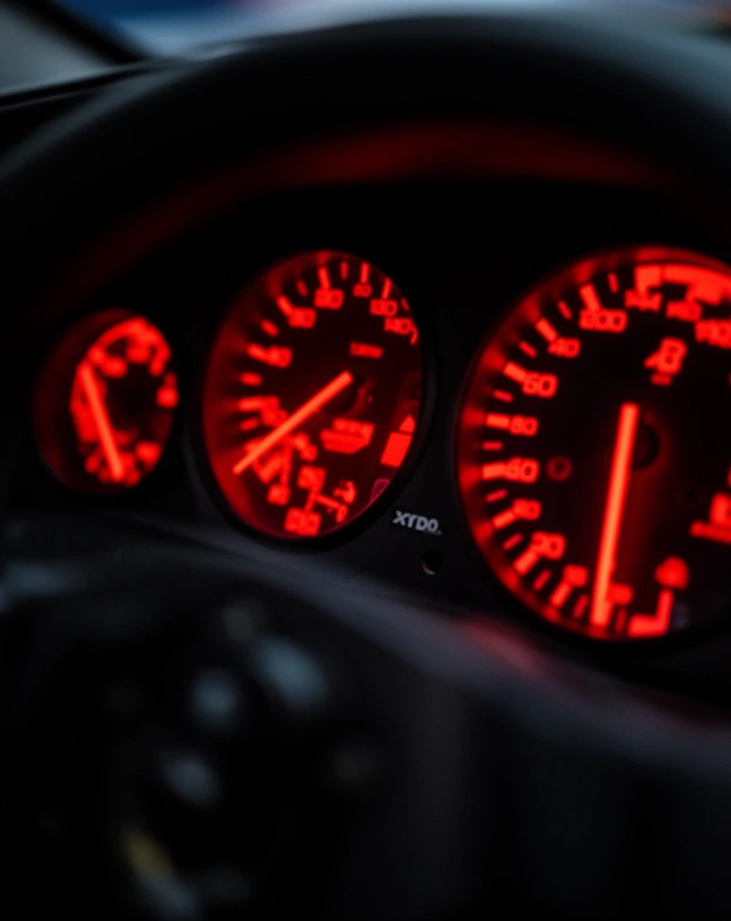 close-up of a race car dashboard cluster, glowing dials