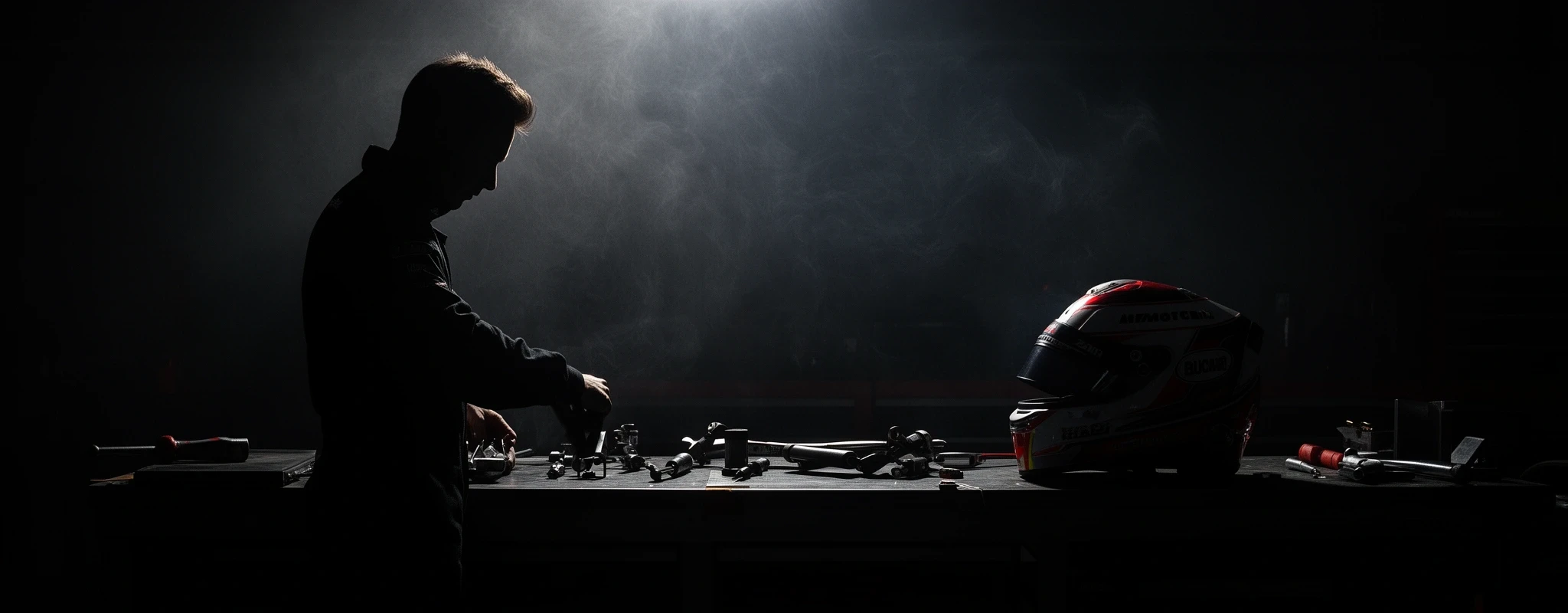 mechanic in shadow at workbench, racing helmet on the table