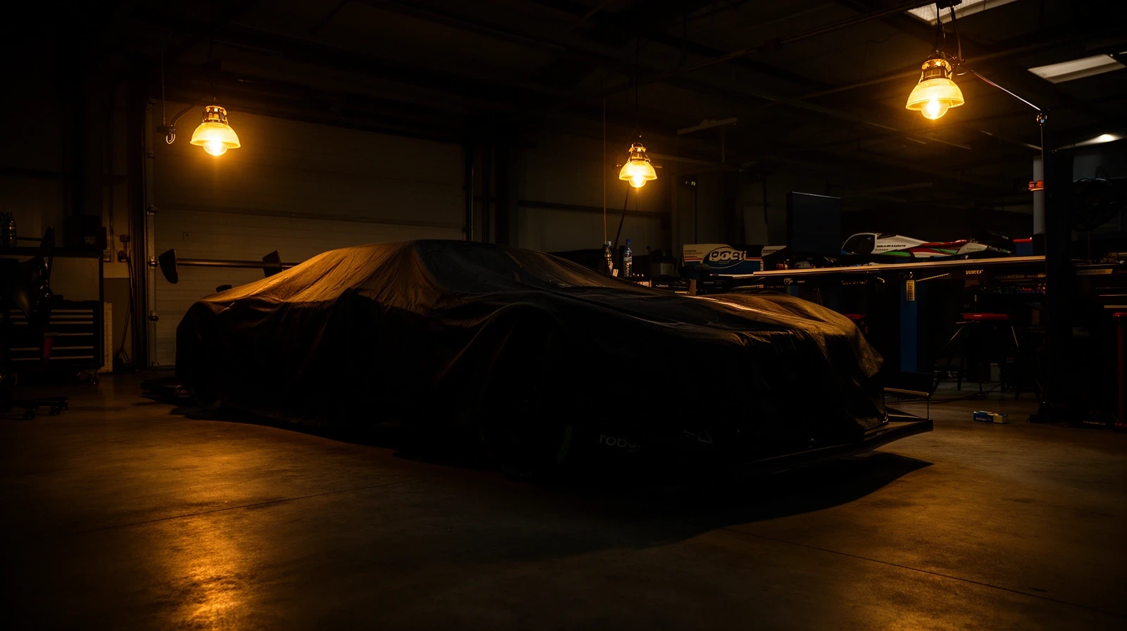 dim garage lit by overhead amber lamps, race car silhouette