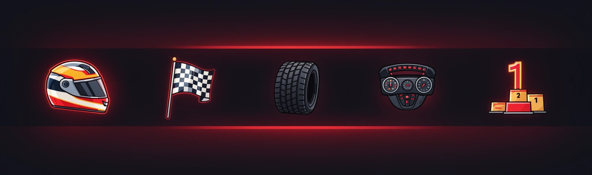 row of reel symbols — helmet, flag, tyre, dashboard, podium